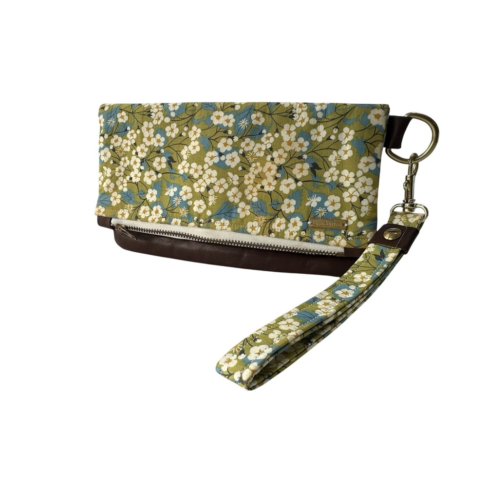 KM Hutton Floral Leather Foldover Clutch Wristlet Green Brown Botanical Bag